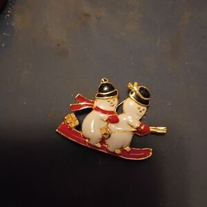 Charming Snowman Skiing Brooch - Red and Gold